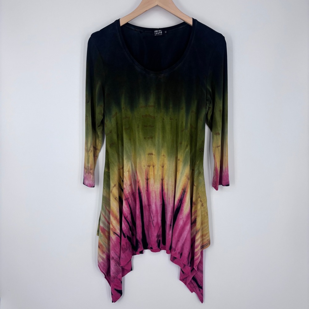 Art of Cloth Tunic Top Womens M Green Pink Tie Dye Sharkbite Hem Boho Lagenlook